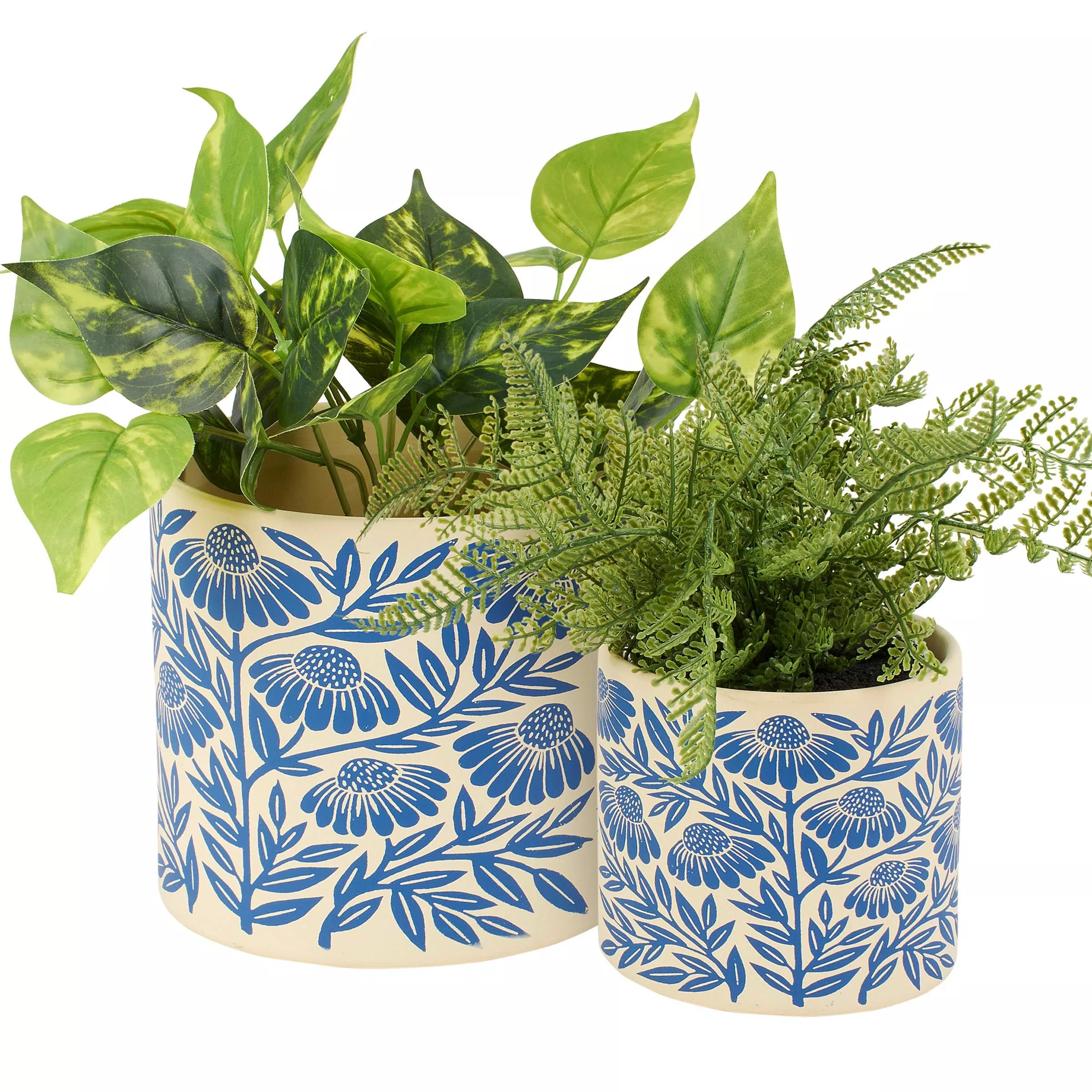 Blue Folk Art Planter Set