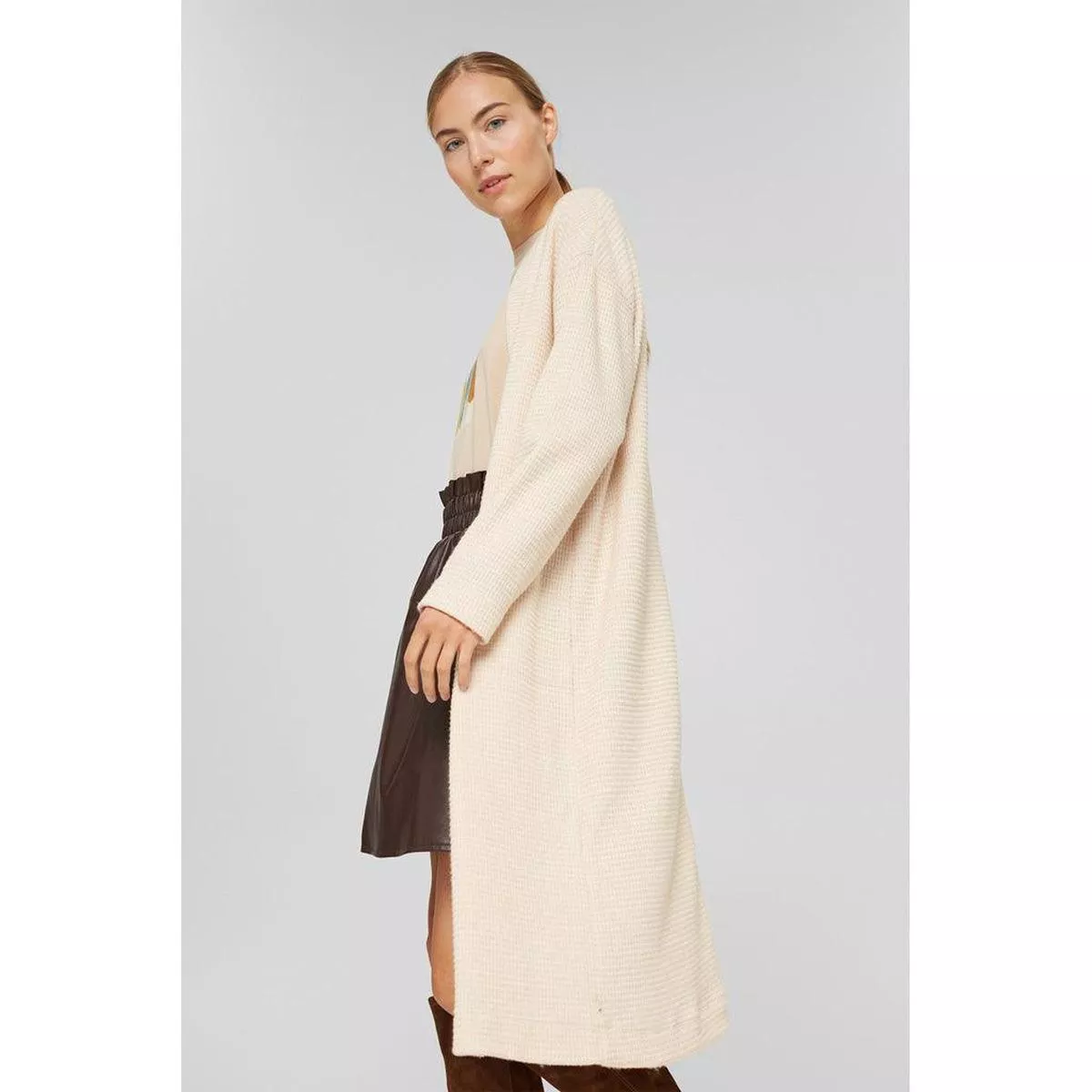 Brushed Waffle Long Cardigan Beige