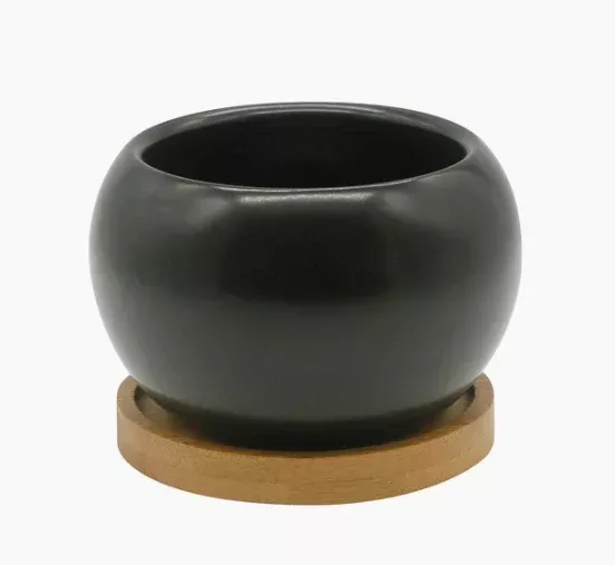 Planter with Bamboo Saucer - Black